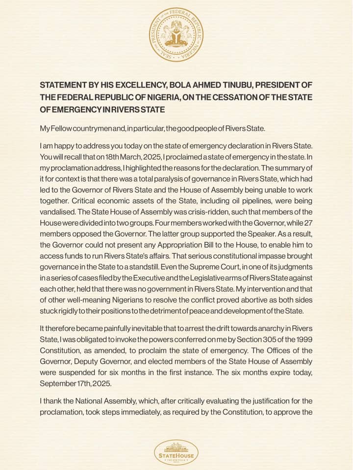 PRESIDENT BOLA TINUBU ENDS STATE OF EMERGENCY IN RIVERS STATE
